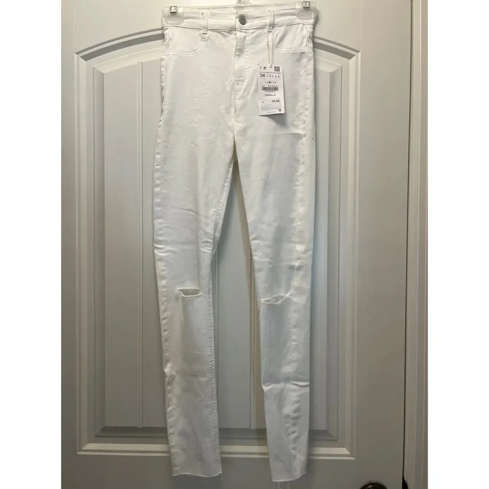 NWT Zara Women’s High Waist Ankle Distressed Trafaluc Denim Jeans Size 4 White - Picture 1 of 8